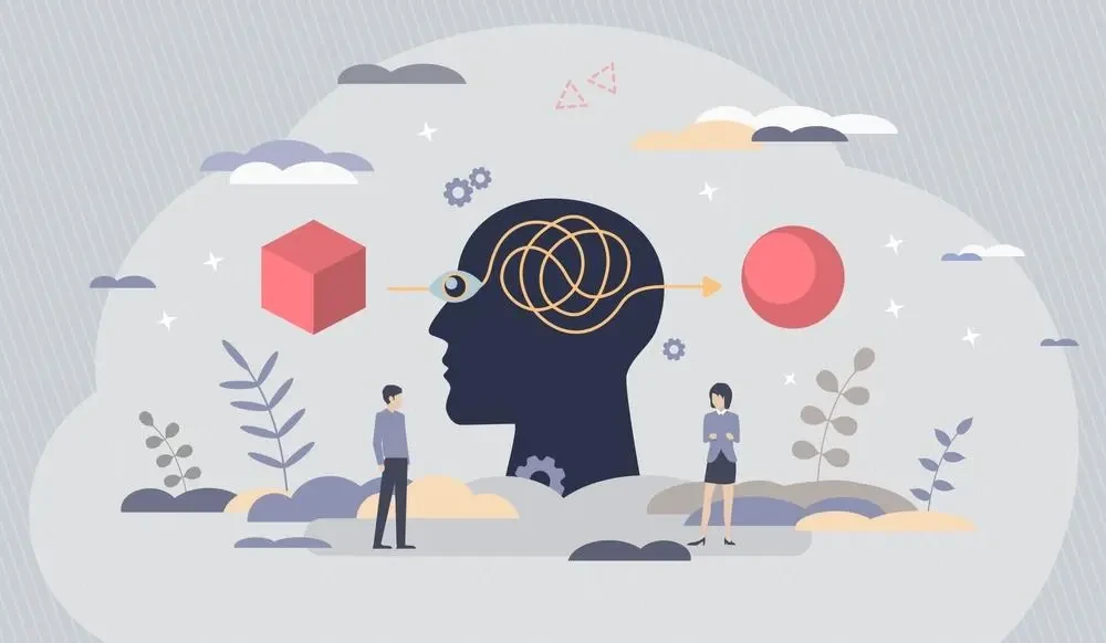 Illustration of a large head silhouette with a tangled line passing through it, flanked by a man and woman. Geometric shapes and abstract elements are in the background.