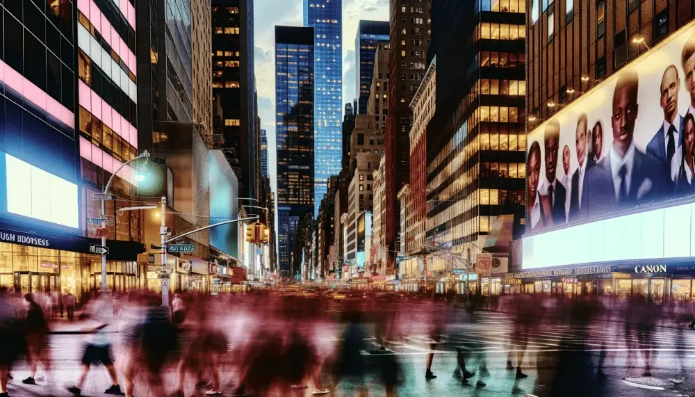 A bustling city street at night with tall buildings, illuminated billboards, and a blurred crowd of people walking.