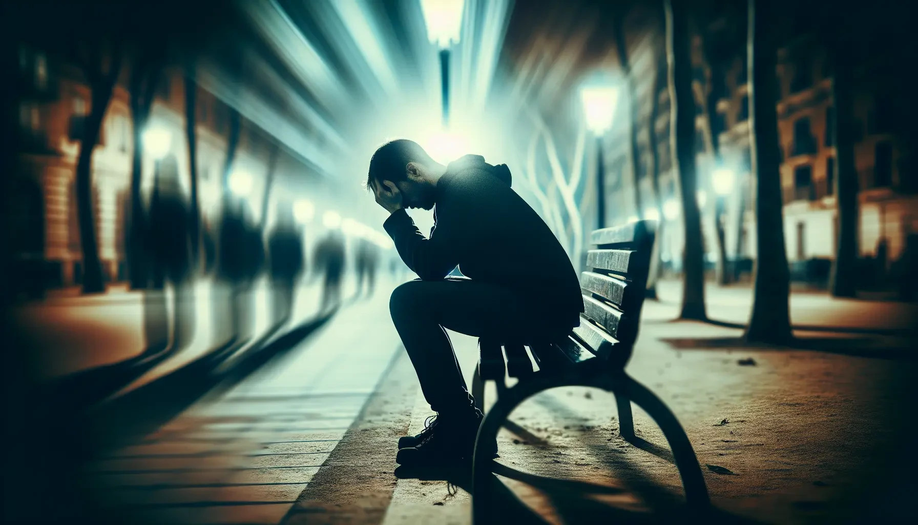 A person sits on a bench at night with head in hands, surrounded by blurred lights and an empty street.