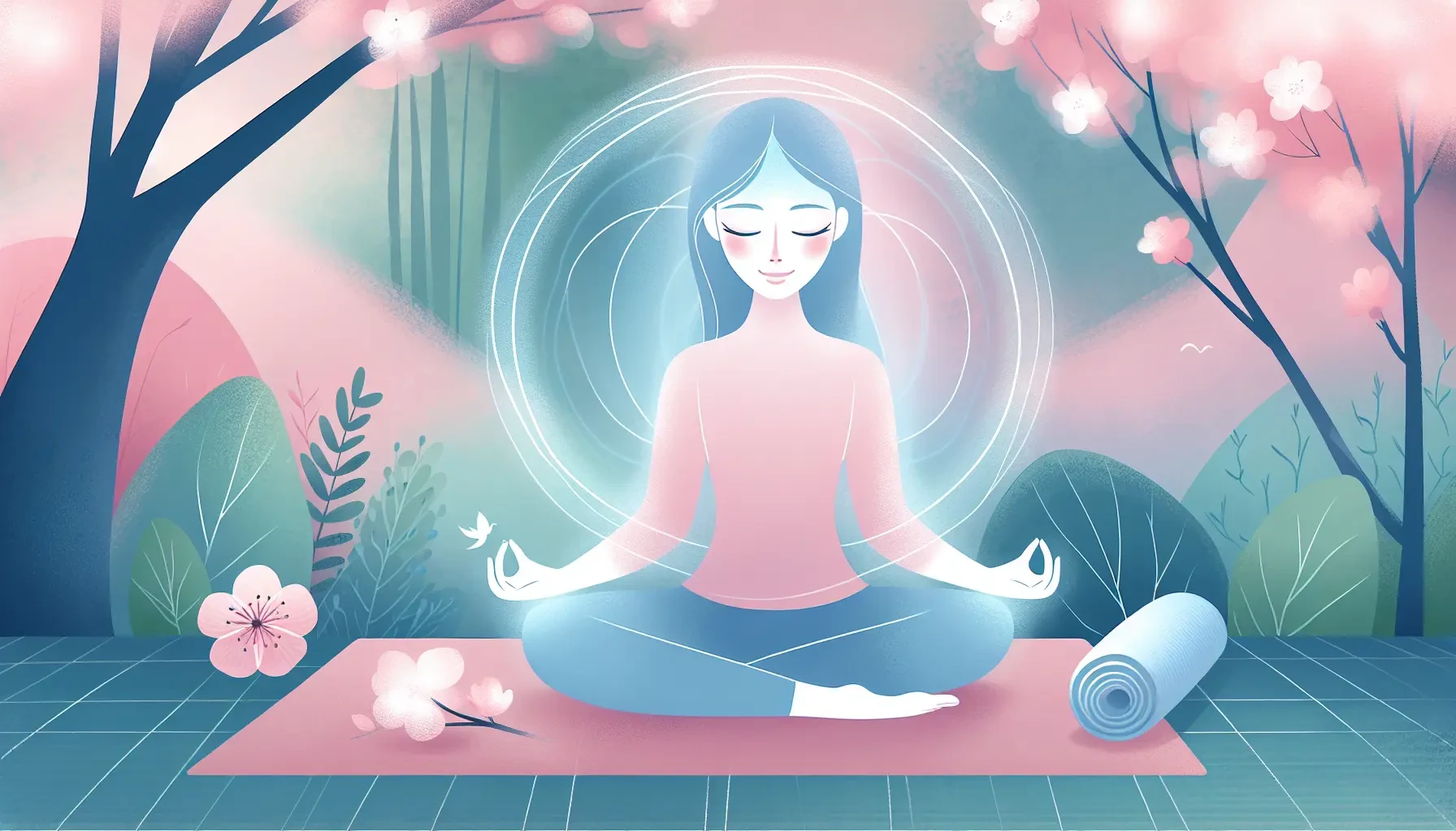Illustration of a person meditating in a cross-legged position on a mat surrounded by pink cherry blossoms and green foliage, exuding a calm and serene atmosphere.