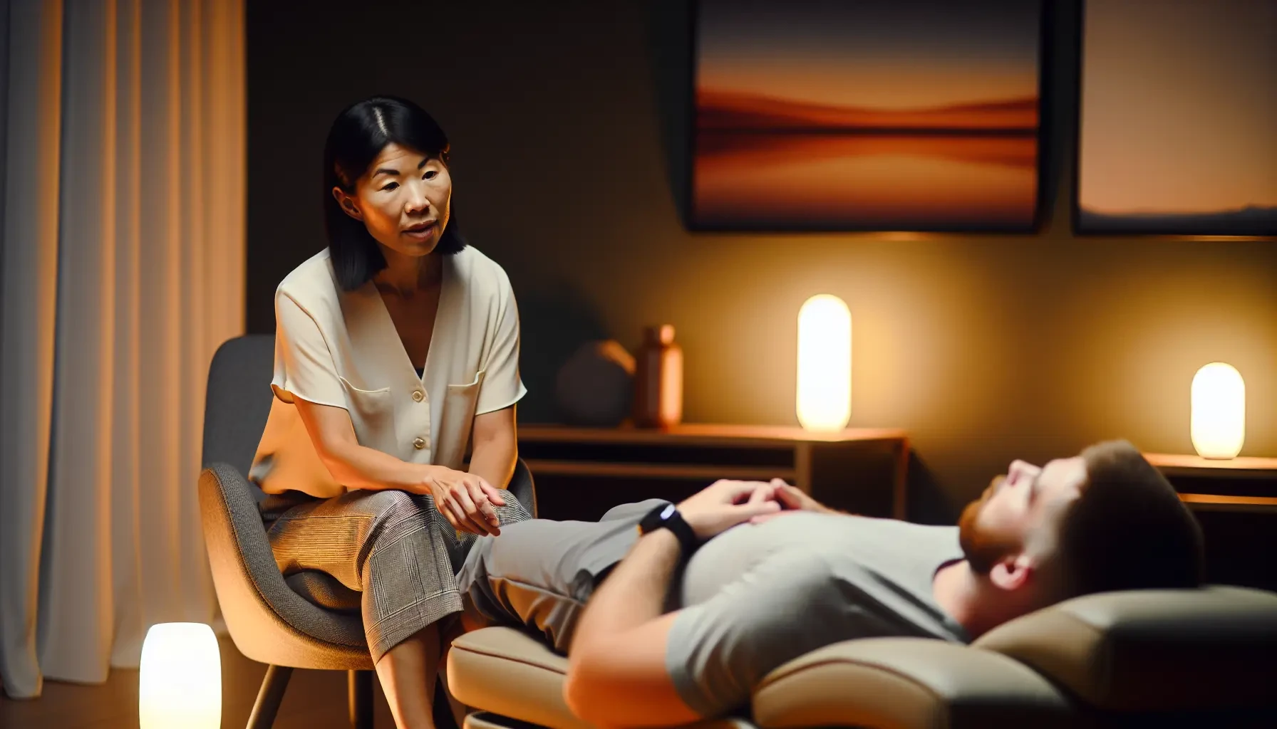 A woman is sitting and talking to a man lying on a therapy couch in a dimly lit room. There are warm lights and a painting on the wall in the background.