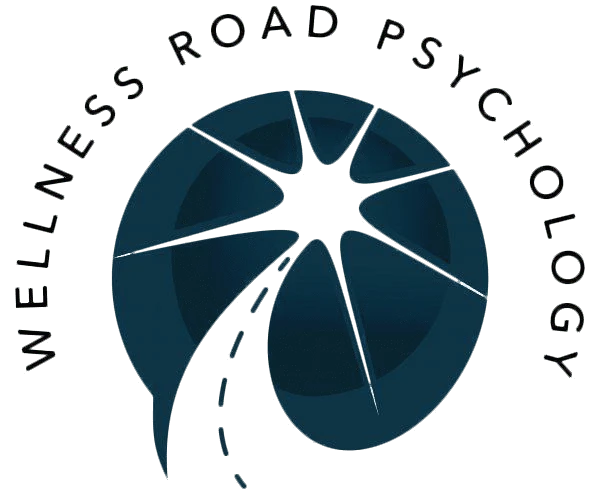 Logo for Wellness Road Psychology featuring a stylized circular design with a road leading to a burst, surrounded by the text "Wellness Road Psychology.