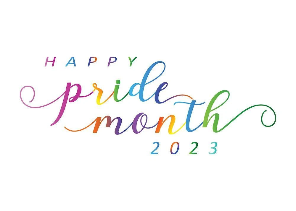 Happy Pride Month 2023" written in colorful, cursive font on a white background.