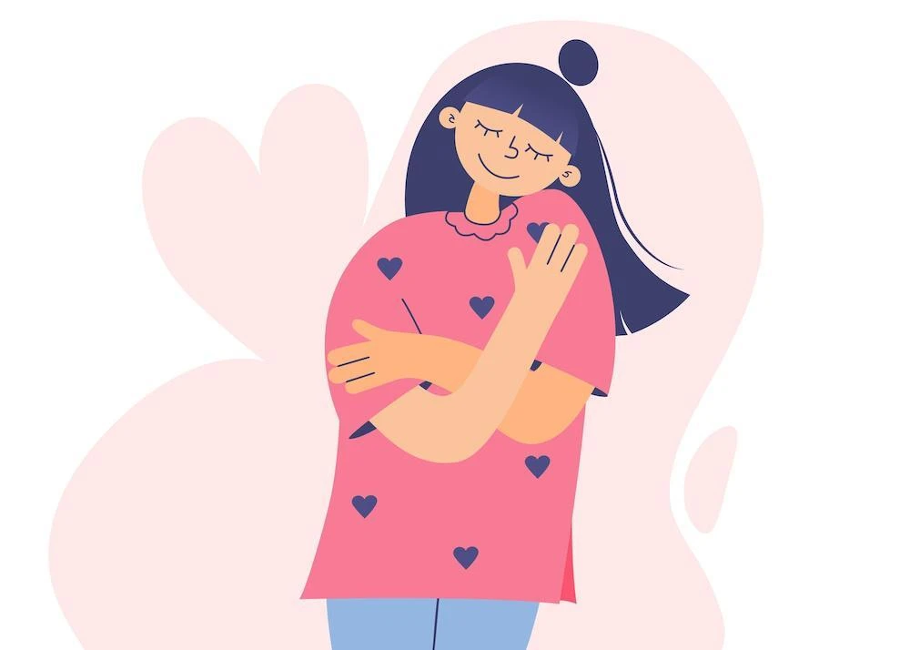 Illustration of a smiling girl with long dark hair, wearing a pink shirt with heart patterns, hugging herself. The background features abstract pink shapes.