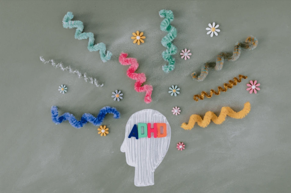 Illustration of a head silhouette with "ADHD" written on it and colorful pipe cleaners and flowers extending outward, representing the concept of ADHD.