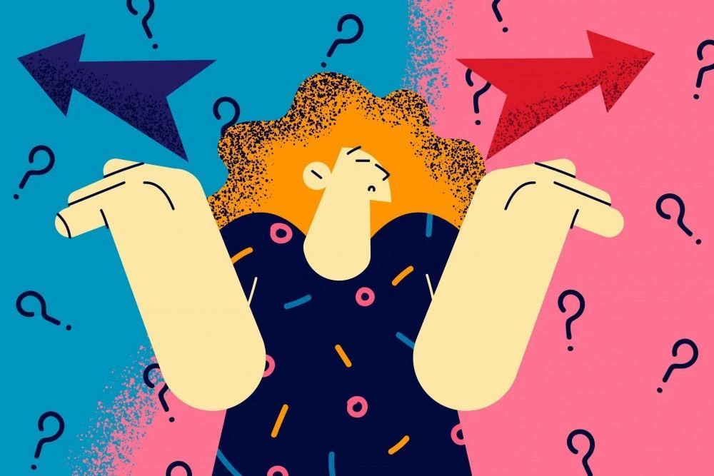 Illustration of a person with questioning expression, arms raised, surrounded by question marks. Contrasting background with blue and pink colors, and arrows pointing left and right over each shoulder.