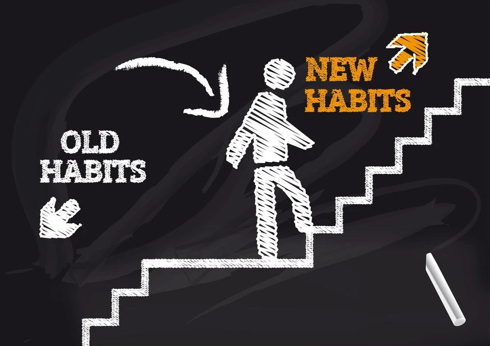 Illustration of a person climbing stairs labeled 'New Habits' with an arrow pointing from 'Old Habits' to the person, symbolizing progression from old to new habits. A piece of chalk is at the bottom.