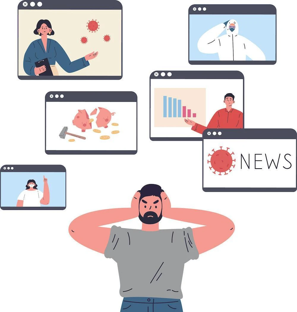 A person holds their head in frustration, surrounded by six screens showing various distressing news topics, including COVID-19 updates, economic impacts, and health information.