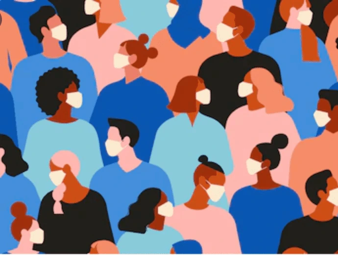 Illustration of a diverse group of people wearing face masks and standing close together.