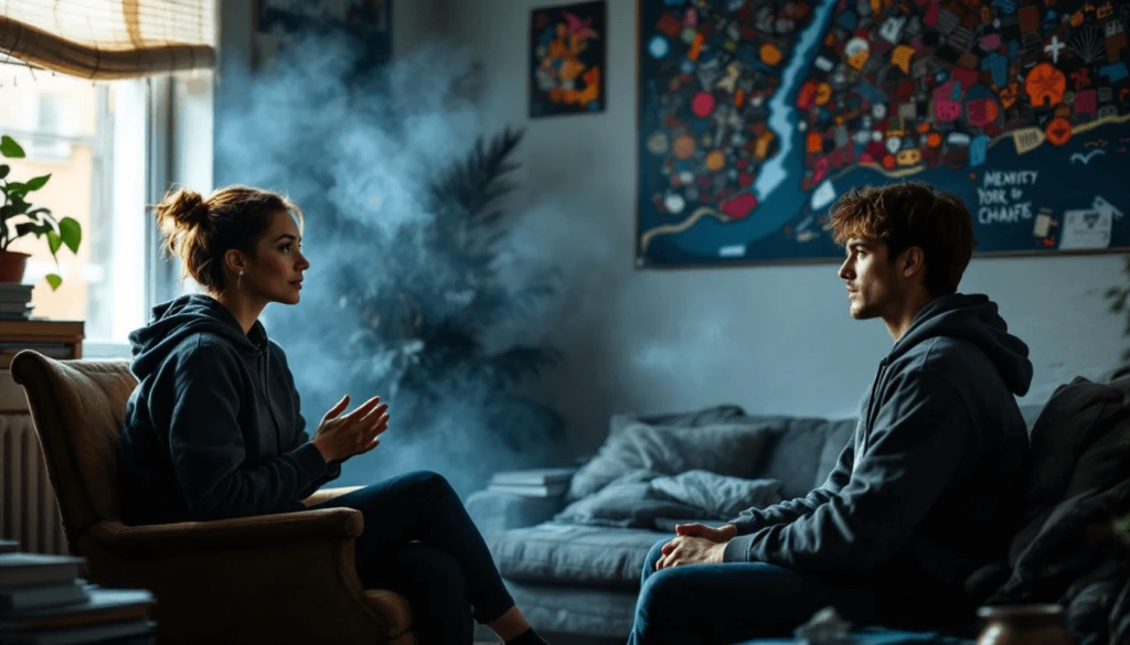 Two people sit facing each other in a room with smoke, wearing hoodies. A colorful map is on the wall behind them.