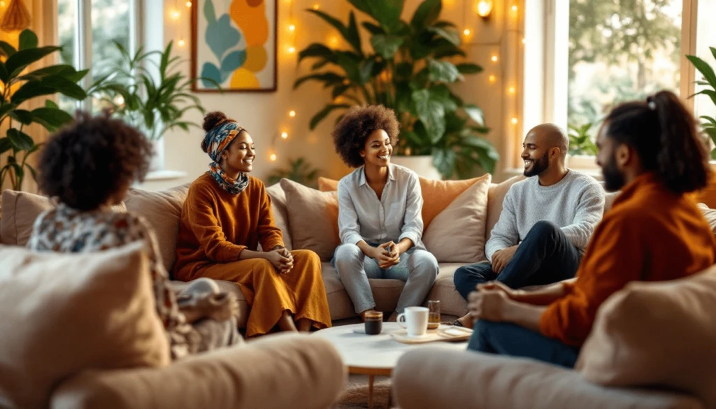 A group of people sitting on sofas in a cozy living room, engaging in a lively conversation. Warm lighting and indoor plants add to the inviting atmosphere.