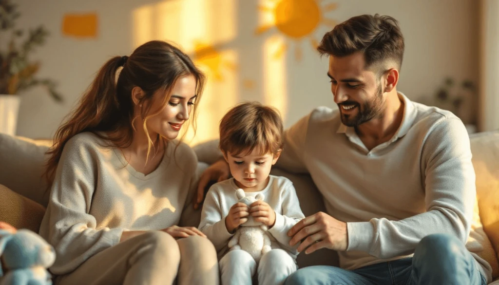A woman, child, and man sit together on a couch in a softly lit room. The child holds a stuffed toy, while the adults smile, appearing engaged in a pleasant moment.