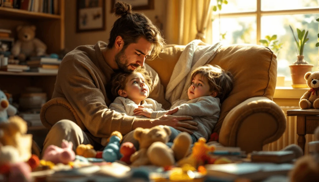 A man sits on a sofa with two young children, surrounded by plush toys in a sunlit room.