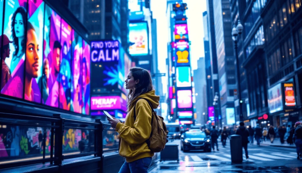 A person in a yellow hoodie stands in a bustling cityscape, surrounded by colorful, illuminated billboards and signs.